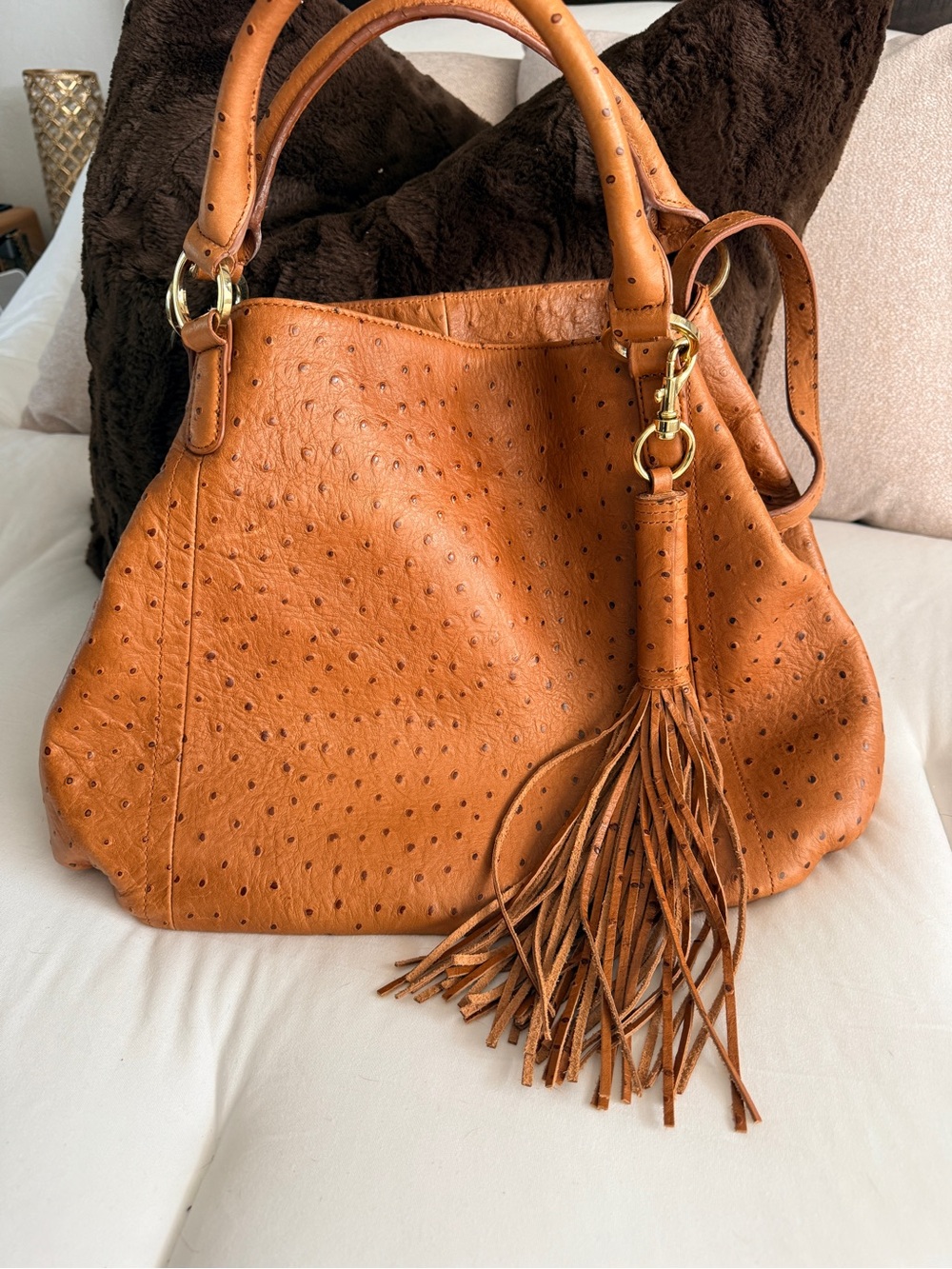 ✨✨Women’s Cognac Ostrich-Embossed Leather Tote with Tassel